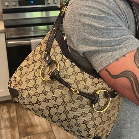 Gucci GG114890 Brown Horsebit Canvas Leather Shoulder Bag Tote with dust bag! - Picture 1 of 10